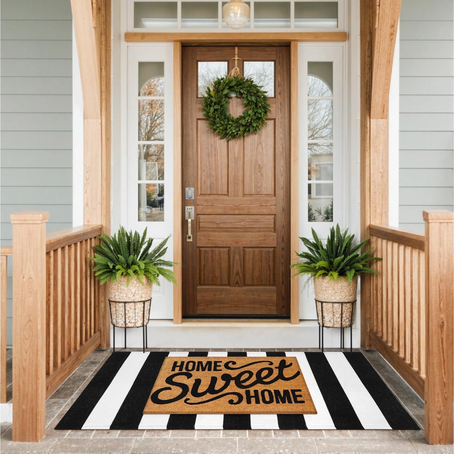 Collive Black and White Outdoor Striped Rug 24"x 51", Cotton Woven Fall Front Porch Rug Decor, Washable Farmhouse Layered Welcome Mat Outdoor for Kitchen Entryway Entrance Halloween