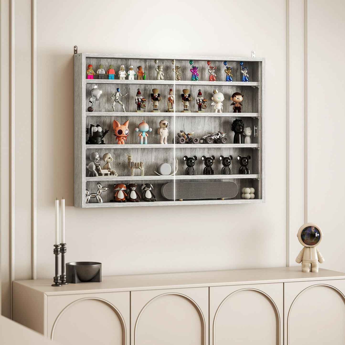 HOMCOM 5-Tier Display Cabinet, Glass Door Cabinet with Adjustable Shelves, Wall-Mounted Display Case for Playroom, Bedroom, Gray