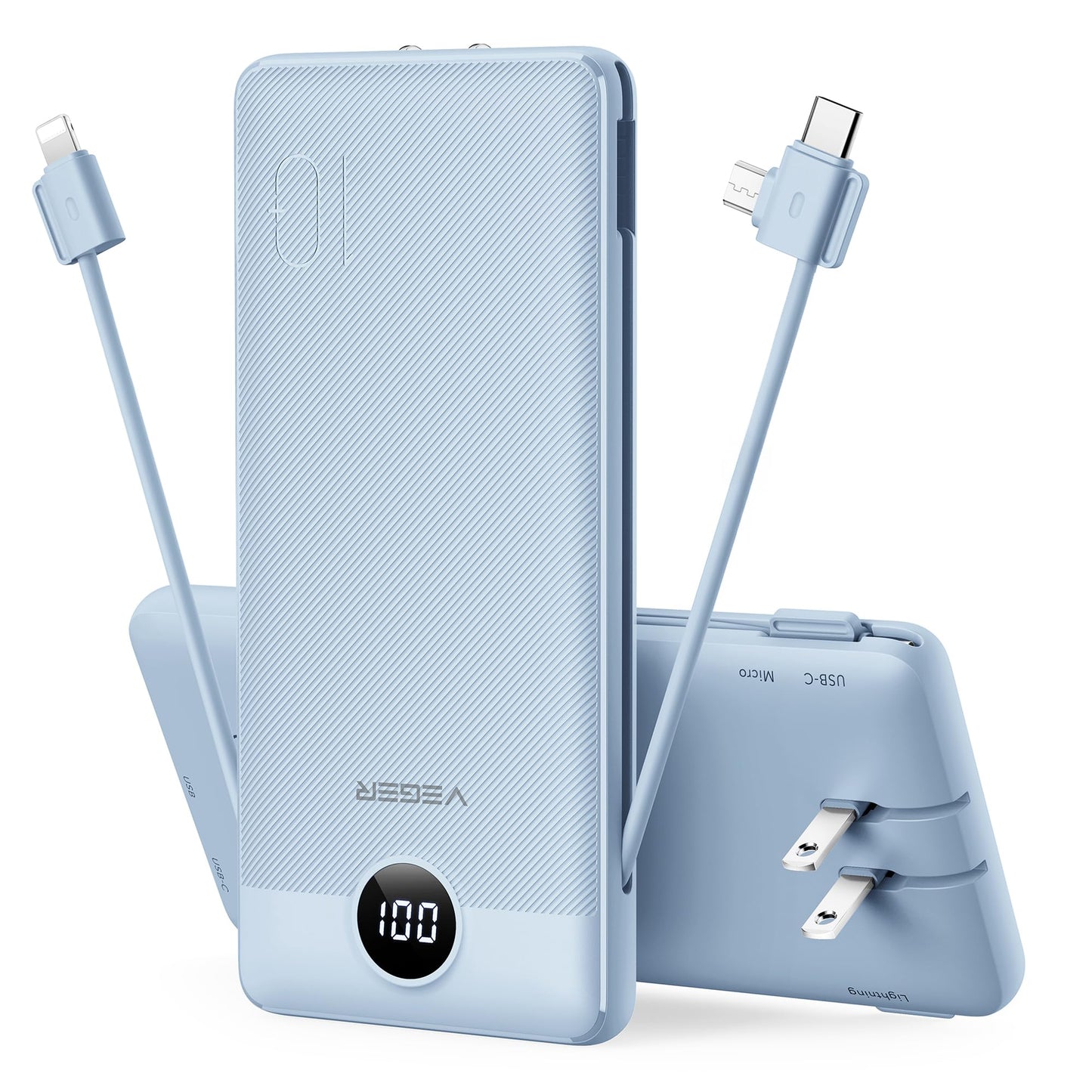 VEGER Portable Charger for iPhone Built in Cables and Wall Plug, 10000mah Slim Fast Charging USB C Power Bank, Travel Essential Battery Pack Compatible with iPhones, iPad, Samsung More Devices(Pink)