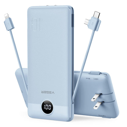 VEGER Portable Charger for iPhone Built in Cables and Wall Plug, 10000mah Slim Fast Charging USB C Power Bank, Travel Essential Battery Pack Compatible with iPhones, iPad, Samsung More Devices(Pink)