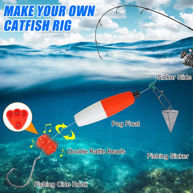 SILANON Catfish Rig Catfishing Tackle Making Kit, 86pcs Catfish Tackle Kit Santee Rig with Catfish Floats Peg Floats Rattle Beads Catfish Hooks Swivels Pyramid Weights Catfishing Gear Equipment