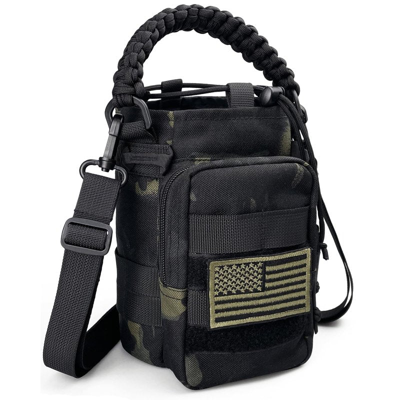 DEFUNX 64 Oz Water Bottle Sleeve - Water Jug Holder with Strap Cross-Body Bottle Carrier with MOLLE System Tactical Military Style Bag Camo Black