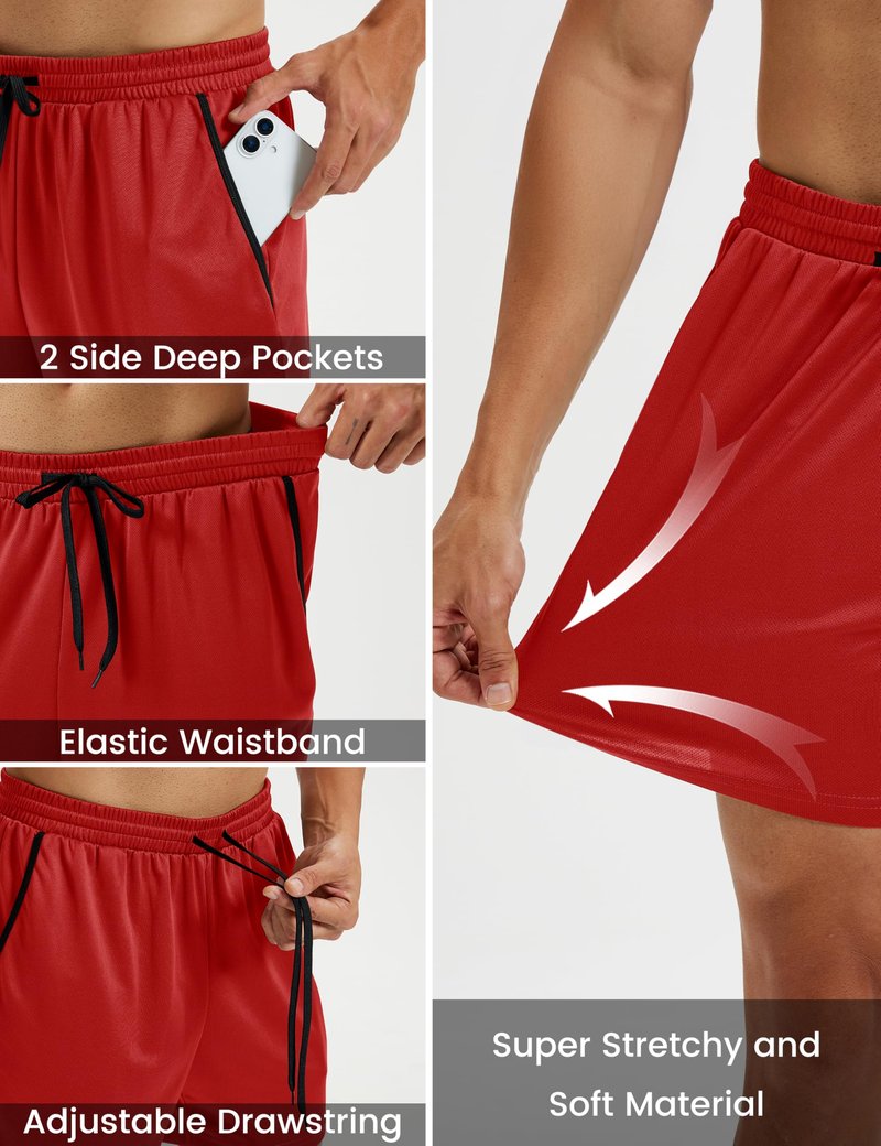 MAGCOMSEN Men's 5" Athletic Gym Shorts Mesh Lightweight Stretch Workout Running Basketball Shorts with Pockets Red L
