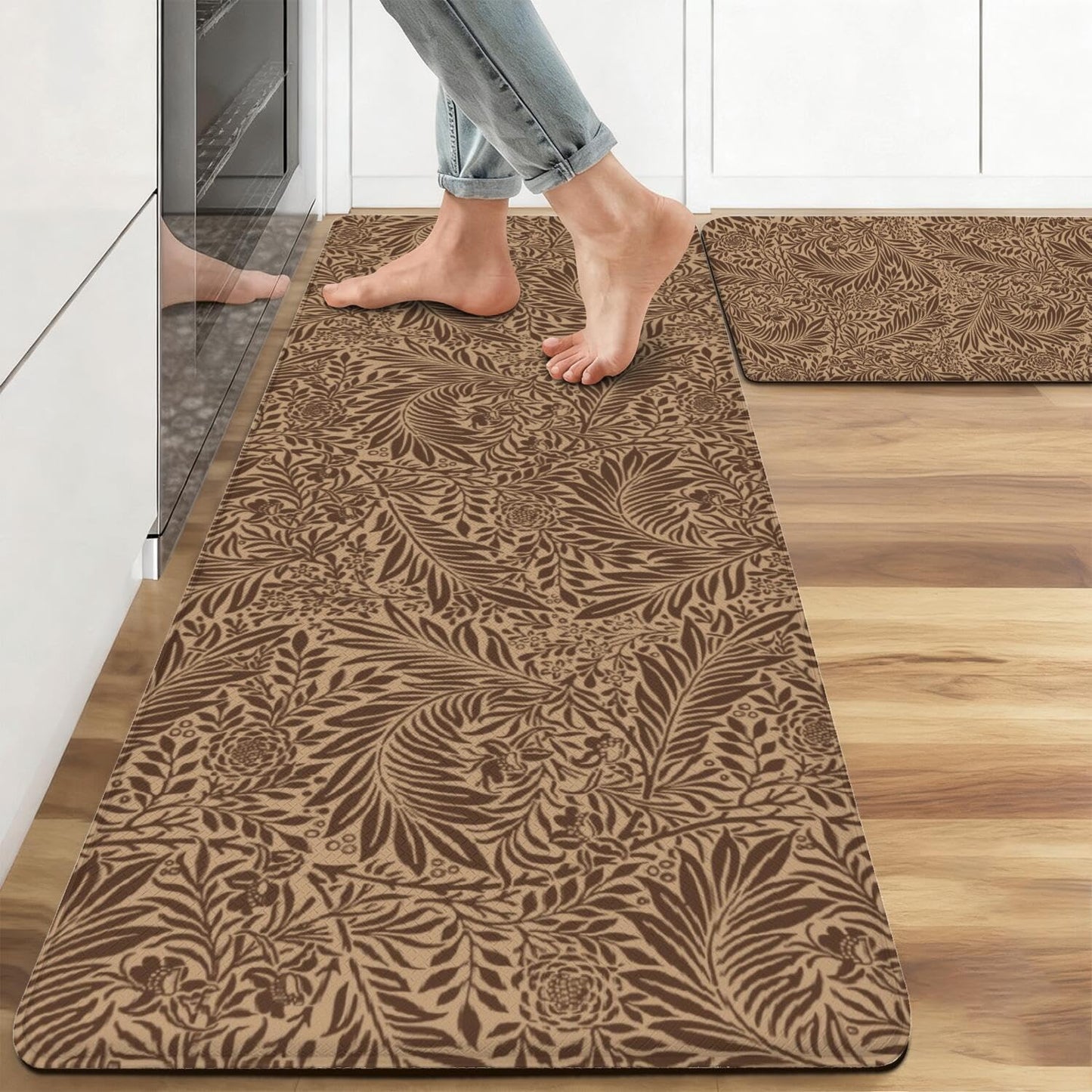 Tropical Palm Leaf Anti Fatigue kitchen Rug and Mat Non Slip Comfort Washable Waterproof Brown botanical Kitchen decor Mat, Ergonomic standing Rug Set of 2 for Home, Sink, Laundry, 17.3"x47"+17.3"x30"