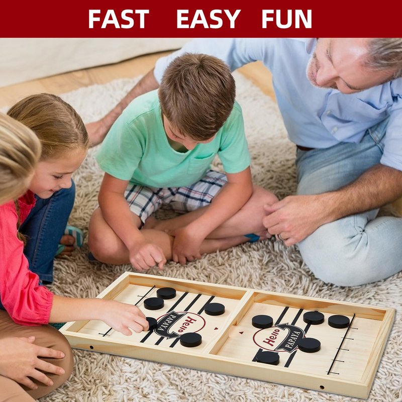 HELLO PAPAYA Fast Sling Puck Game - Test Your Speed and Accuracy with This Fast-Paced Wooden Air Hockey Desktop Battle Board Game - Guaranteed Fun Gifts for Family Night or Friends Party