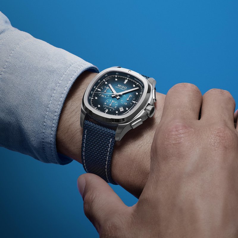 MIDO Multifort TV Chronograph - Swiss Automatic Watch for Men - Blue Dial- 41.2 x 42mm Stainless Steel Case and Bracelet with Additional Blue Fabric Strap - M0495271104100