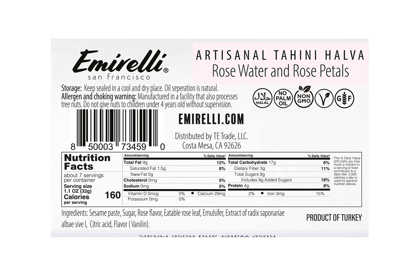 Emirelli Artisanal Halva Dessert – Authentic Middle Eastern Candy Turkish Sweets – Vegan Candy 55%-Tahini Halwa - Halvah Traditional International Sweets - Rose Water and Rose Petal Flavor, Pack of 1