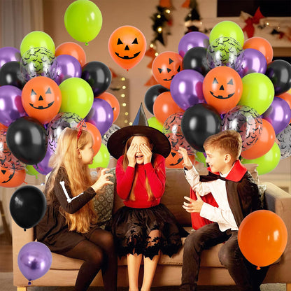 Halloween Party Balloons, Black Orange Green Purple Party Balloons, Metallic Purple Balloon Bat Pumpkin Head Printed Balloon for Halloween Birthday Baby Shower Home Garden Party Decoration