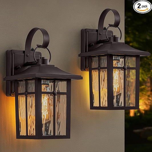 2 Pack Dusk to Dawn Outdoor Lighting, Oil Rubbed Bronze Exterior Light Fixtures with Ripple Glass, Waterproof Aluminum Porch Lights, Outside Lantern Light for Entryway, Garage, Patio