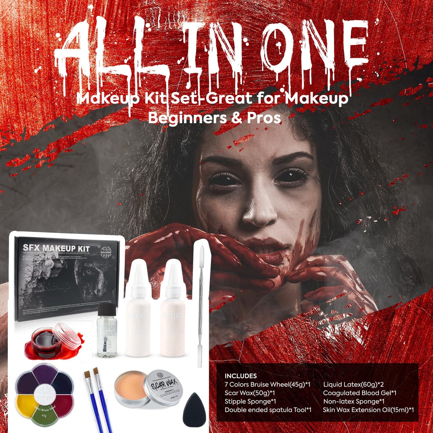 VIOLA HOUSE SFX Makeup Kit, Halloween Special Effects Makeup, 6 Colors Bruise Wound Face Body Paint + Scar Wax + Scar Oil + Liquid Latex + Fake Blood + Spatula + Stipple Sponge + Brush.
