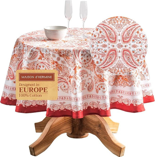 Maison d' Hermine Table Cloth Round Table 100% Cotton 69 Inches Fall Tablecloth Reusable Everyday Use for Thanksgiving Christmas Decorations Dining Farmhouse Party (Orient)