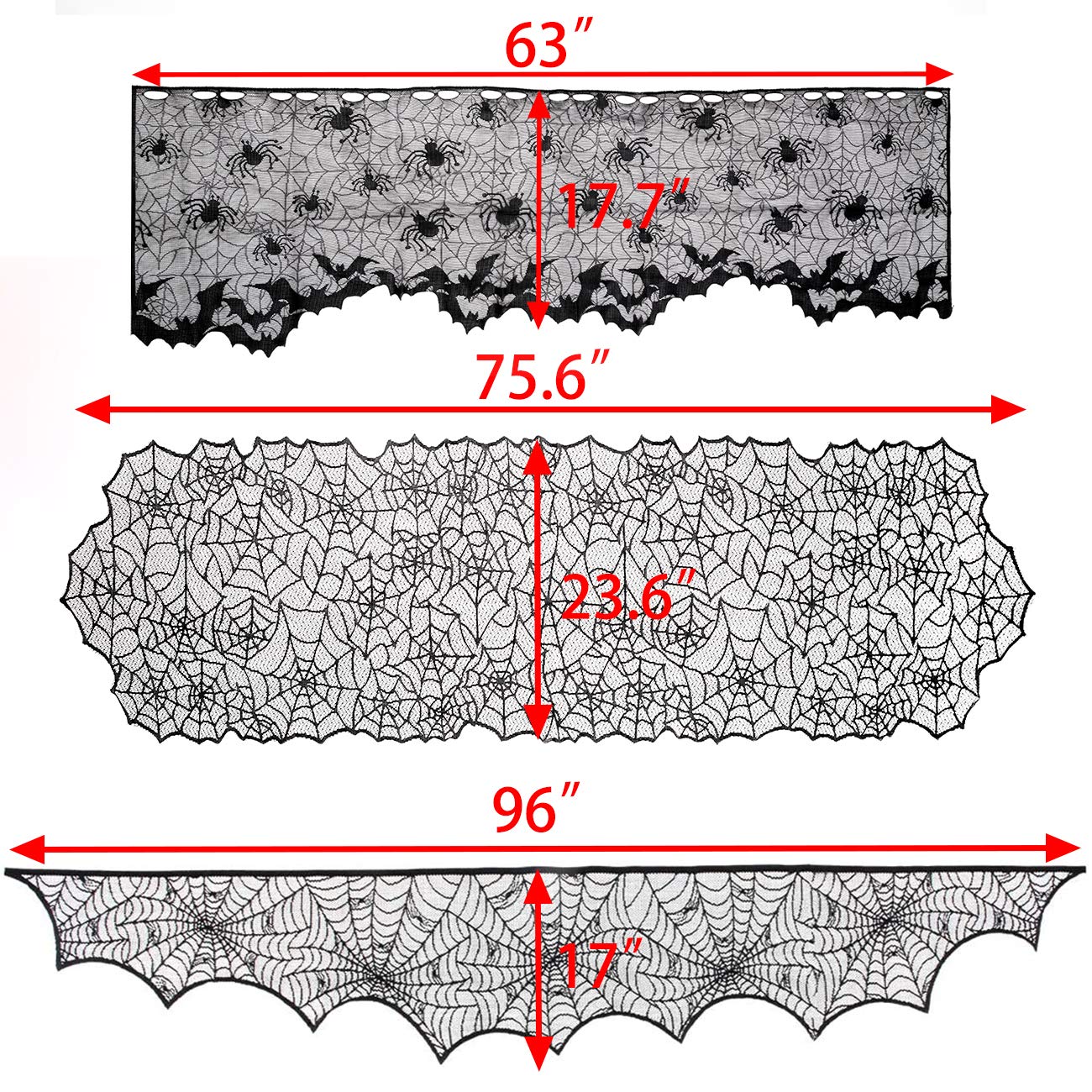 Sunnyglade 8 Pack Halloween Spider Cobweb Lace Tablecloth Set,Fireplace Mantel Scarf & Lace Table Runner & Round Table Cover & Spider Lampshade & Rectangular Placemat for Halloween Party Decorations