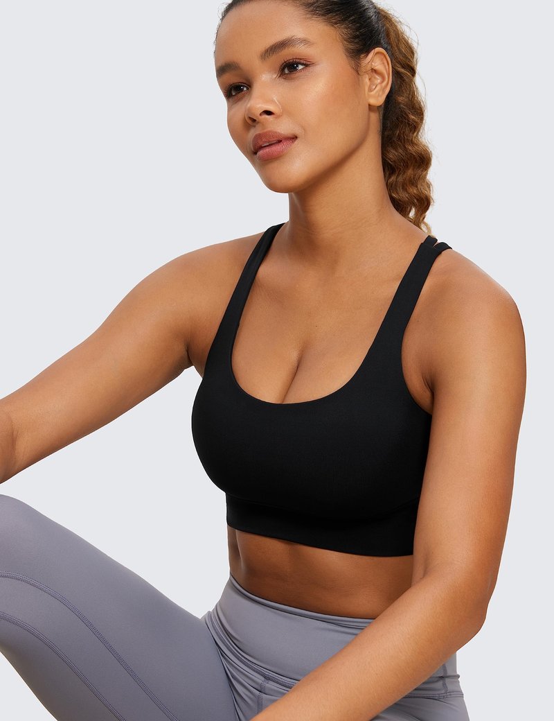 CRZ YOGA Naked Feeling Strappy Longline Sports Bras for Women - Medium Impact Criss Cross Yoga Padded Workout Crop Top Black Medium