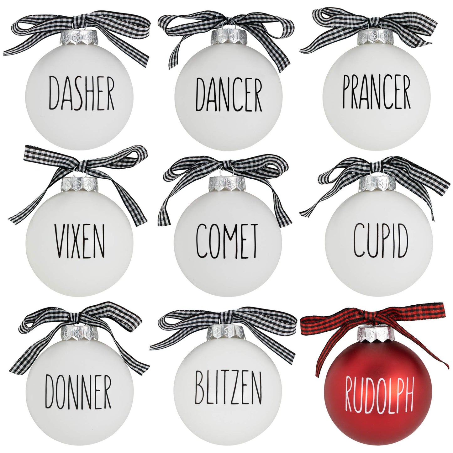 Buffalo Plaid Christmas Tree Ornaments - Set of 9 Shatterproof Bulbs - Farmhouse Reindeer Ornaments with Buffalo Check Bow - Compatible with Rae Dunn Rustic Decorations - Matte White & Red for Rudolph