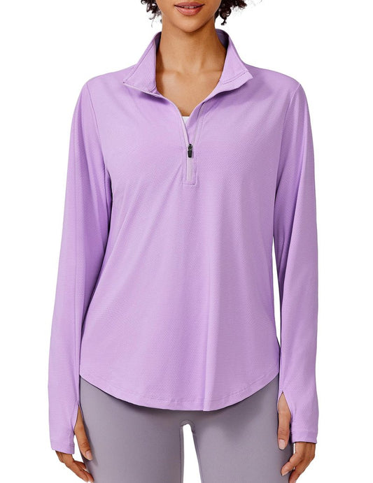 PINSPARK Women Long Sleeve Shirts Sun Protection Half Zip Hiking Clothes Lightweight Athletic Tops Moisture Wicking Running Shirts with Thumb Hole,Purple M
