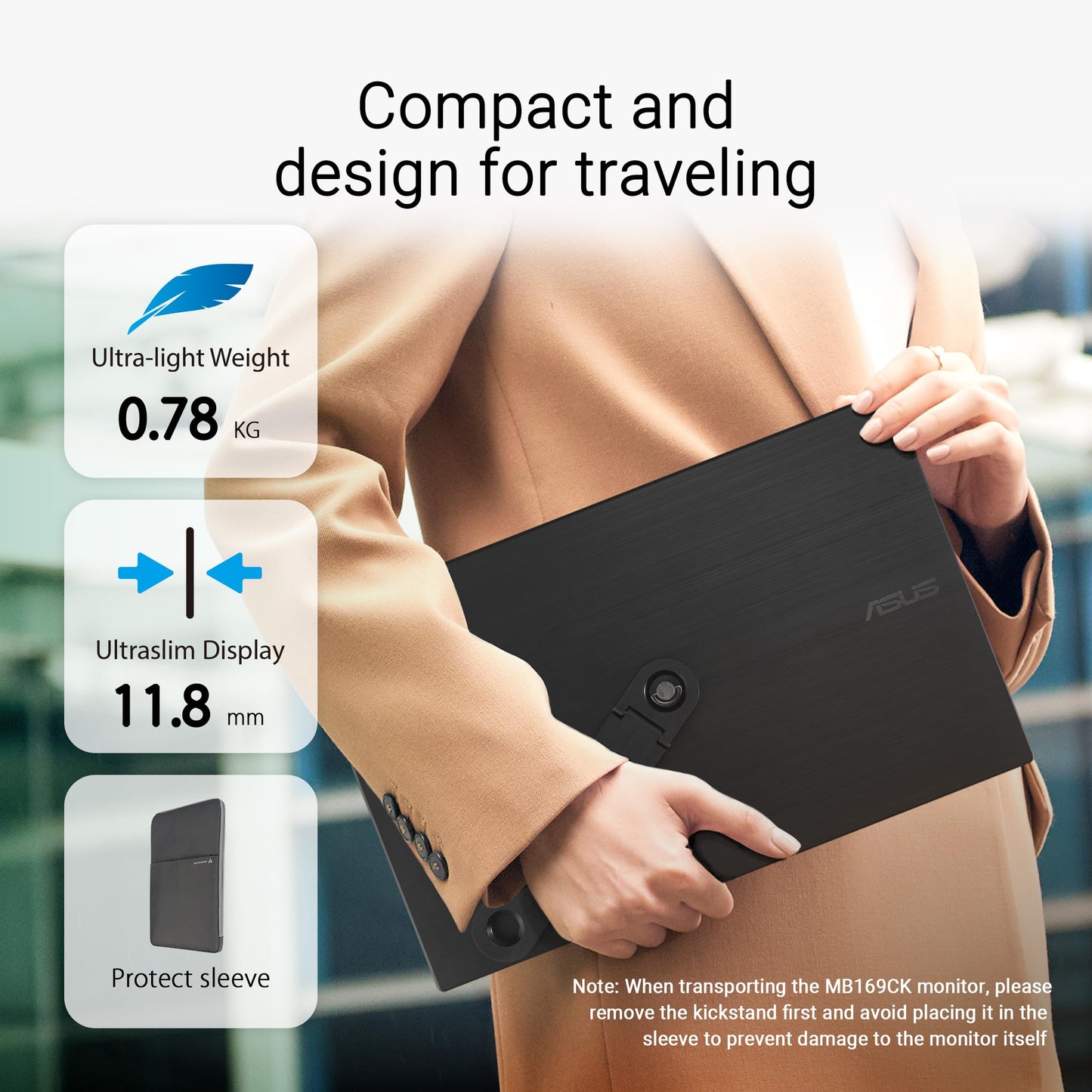 ASUS ZenScreen 16” Portable USB Monitor (MB169CK) - Full HD, IPS, Dual USB-C, Mini-HDMI, Eye Care, Flicker Free, Blue Light Filter, Anti-Glare Surface, 360° Kickstand, 3 yr Warranty