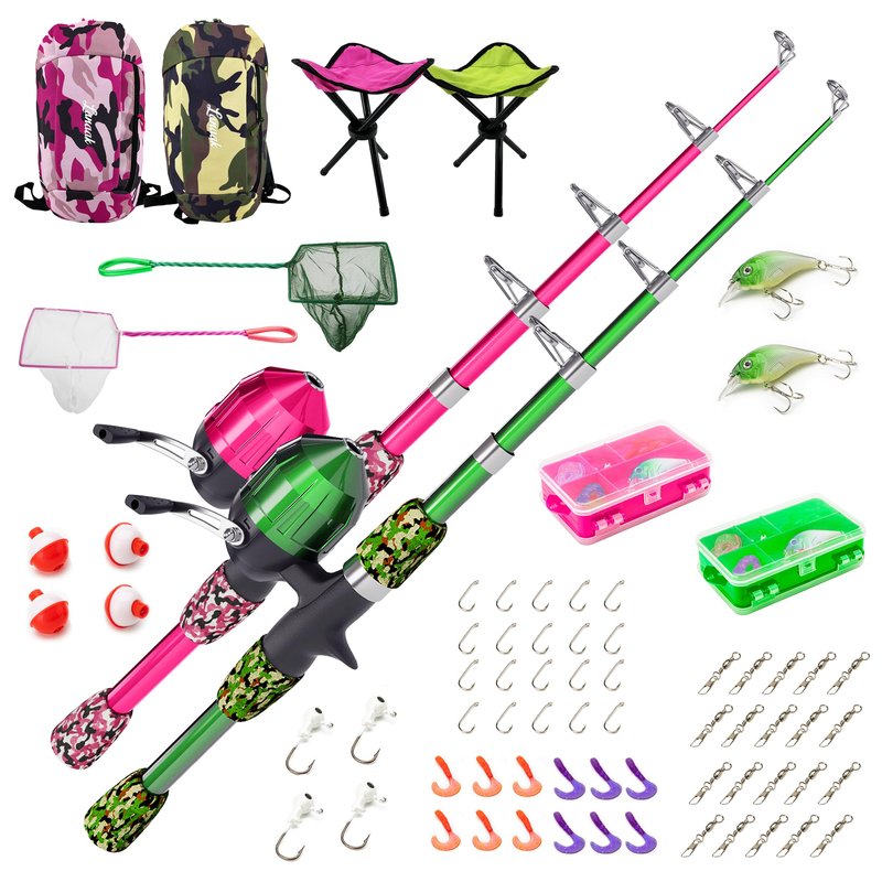 Lanaak 2 Pack Kids Telescopic Fishing Pole, Portable Fishing Rod Set, Tackle Box and Fishing Net Combo Kit, Kids Fishing Gear for Boys and Girls Age 5-10 and Youth – Green and Pink