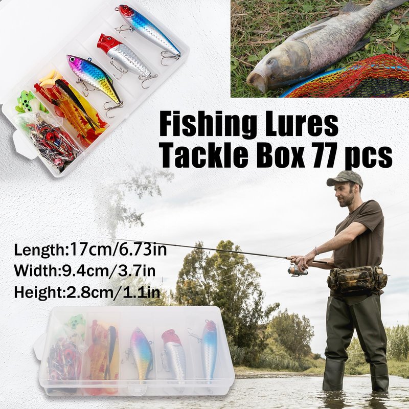 Balifly Bass Fishing Lures Kit Freshwater Fishing Tackle Set Include Topwater Lures Spoon Lures Soft Plastic Baits Hooks Snap Swivels for Freshwater Saltwater Fishing Started Kit FS/TZ-02(77pcs)
