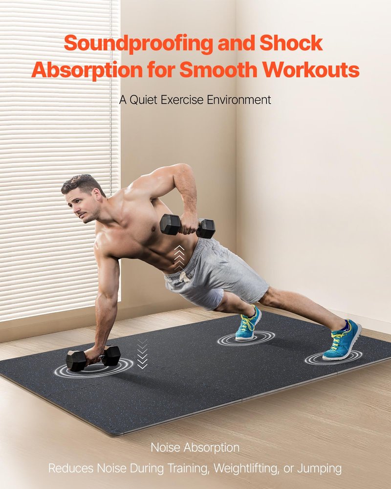 VEVOR 0.56Inch 24sq.ft 6 Tiles Gym Flooring for Home Gym, Rubber Top with High Density EVA Foam, 25 x 25In Gym Floor Exercise Equipment Mats, Interlocking Gym Mats, Puzzle Workout Mats, Black & Blue