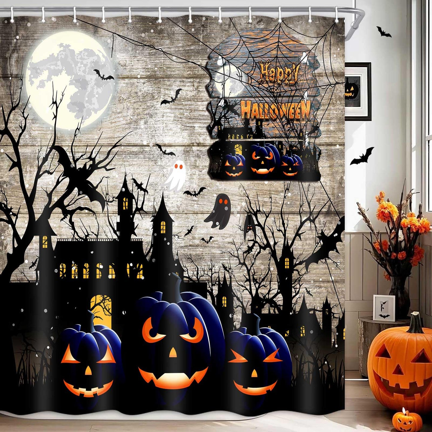 JAWO Halloween Shower Curtain Set, Ghost Pumpkin Horror Bat Rustic Farmhouse Decor Fall Autumn Festival Bath Curtains, 69x70 Inch, Hooks Included