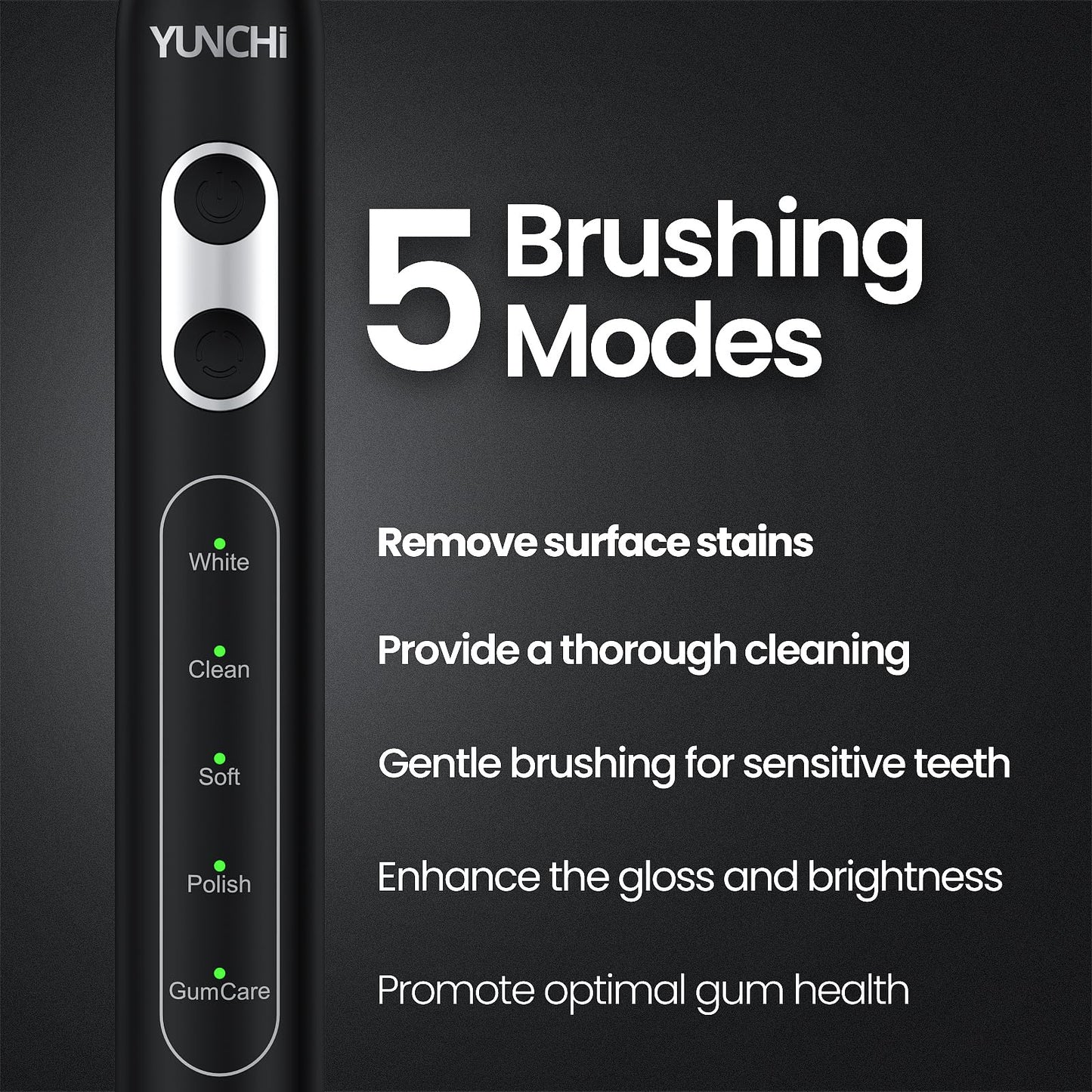 YUNCHI C3 Electric Toothbrushes for Adults,8 Brush Heads and Travel Case,Sonic Toothbrush with 5 Modes and 2 Mins Smart Timer, Black