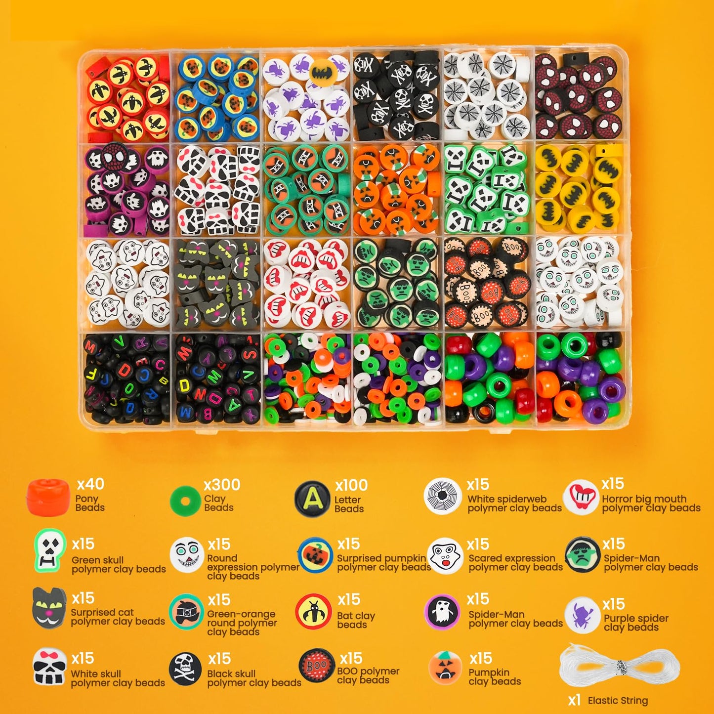 Gionlion 700 Pcs Halloween Polymer Clay Beads Bracelet Making Kit, Pumpkins Skulls Ghosts Spiders Bats Pony Letter Beads for Halloween Party Favors, Toys Gifts for 4+ Year Old Kids