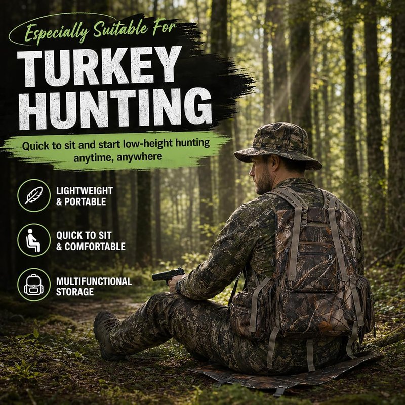 Turkey Hunting Vest with Detachable Flip-Down Seat Mat - Camouflage Game Pouch for Men & Women