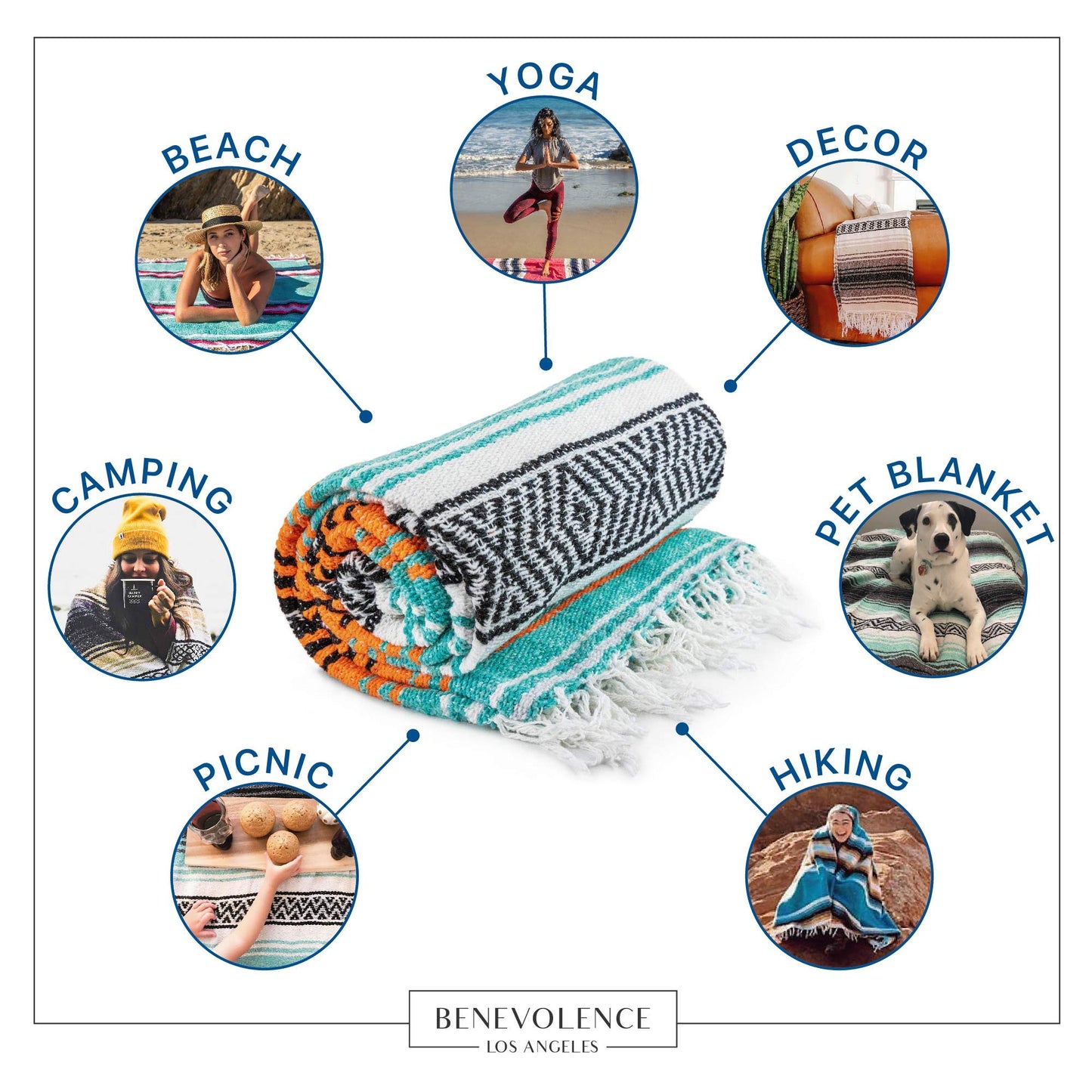 Benevolence LA Authentic Handwoven Mexican Blanket | Yoga Blankets, Outdoor, Picnic, Beach, Camping | Equestrian Saddle | Serape 50x70 inches - Mandarin, Pack of 1