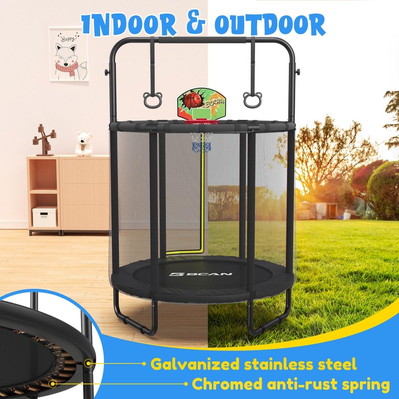 BCAN 55" Trampoline for Kids with Thickened Enclosure Net, Toddler Trampoline Indoor/Outdoor with Adjustable Gymnastics Bars & Basketball Hoop,Gifts for Boys & Girls Ages 1 to 8