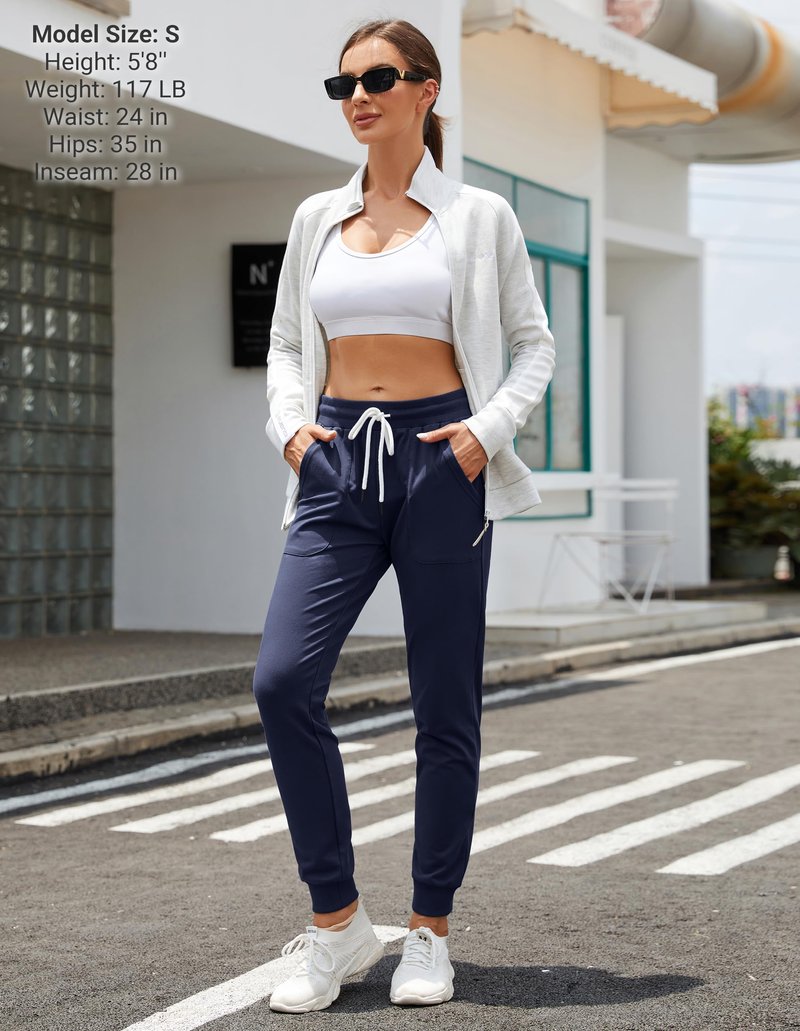 SPECIALMAGIC Women's Tapered Sweatpants with Pockets Athletic Cotton Joggers Drawstring Casual Sweat Pants for Female Long Navy L