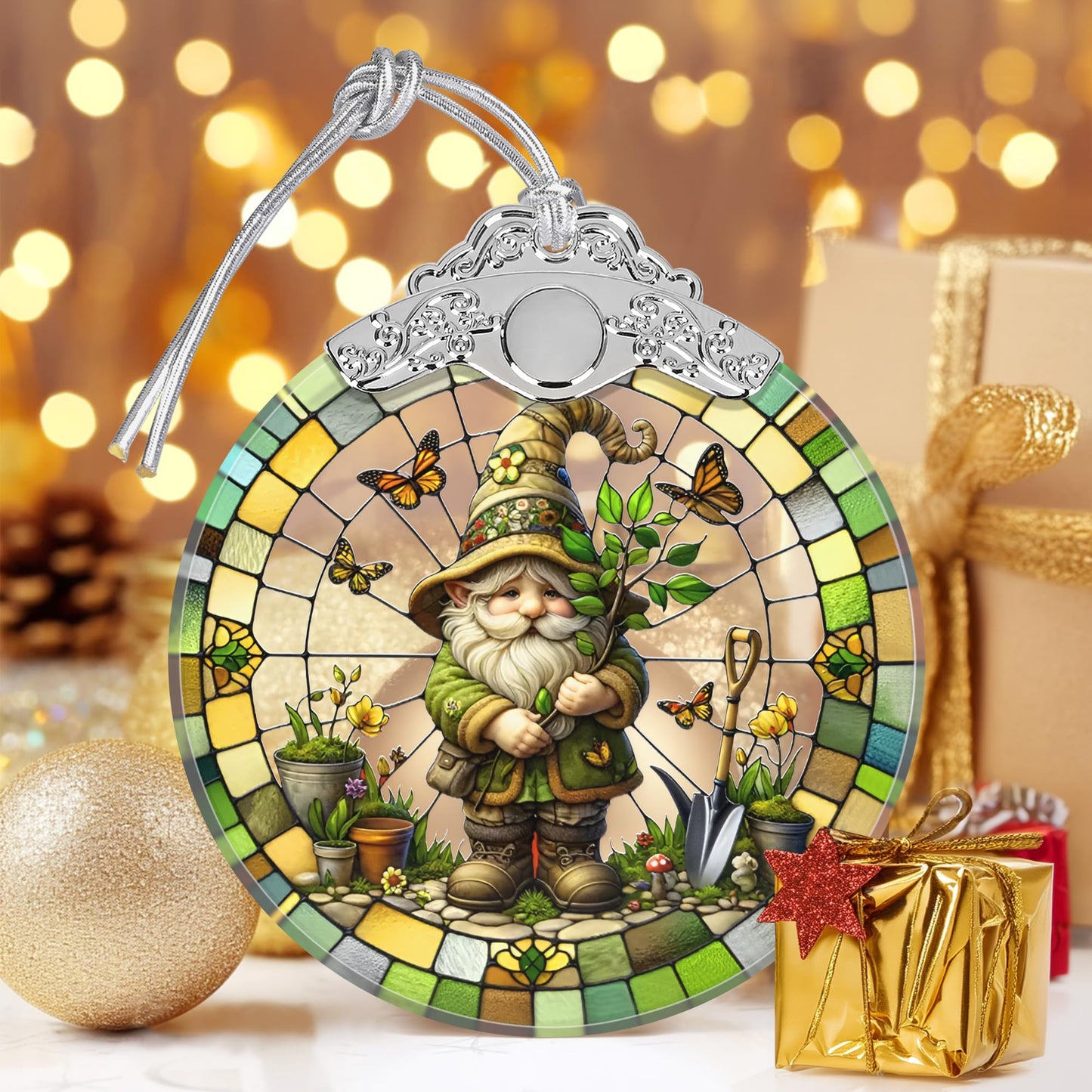 Charming Gnome Stained Glass Ornament - Christmas Tree Decor, Gnome Ornaments for Christmas