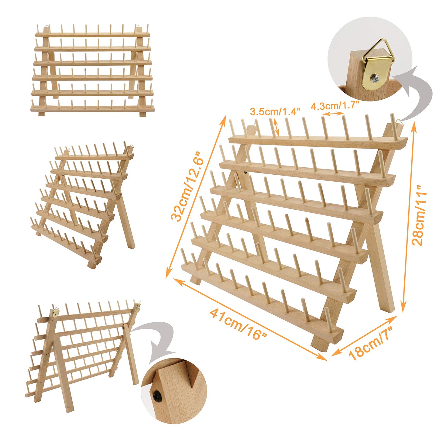 New brothread 60 Spools Wooden Thread Rack/Thread Holder Organizer with Hanging Hooks for Sewing, Quilting, Embroidery, Hair-braiding