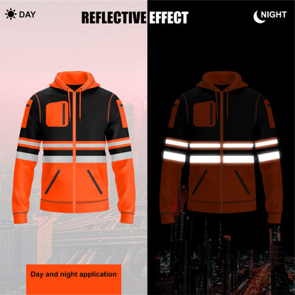 trending babz Mens Hi Vis Pullover Hoodie Reflective Tape Safety Work Drawstring Multi Zipped Pockets High Viz High Visibility Hoodie Sweatshirt