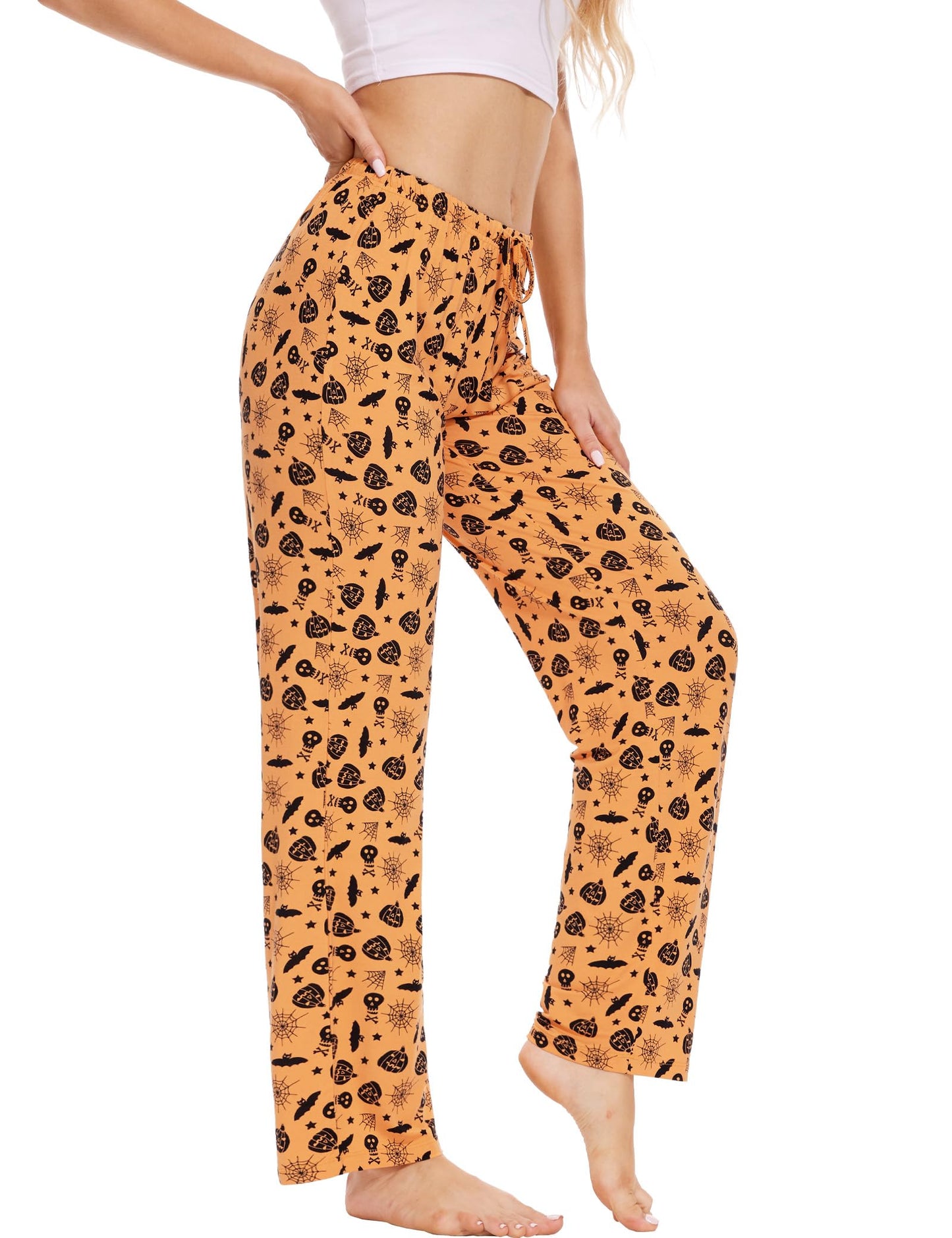 GYS Halloween Soft Viscose Pajama Pants for Women, Comfy Lounge Sleep Pants Pj Bottoms Drawstring Sleepwear, Orange Halloween, Medium