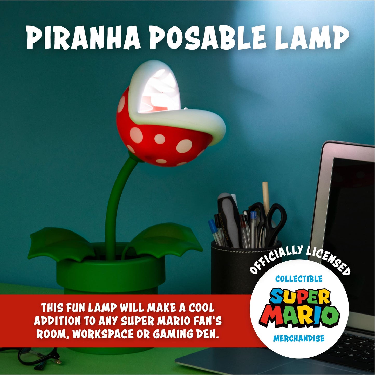 Super Mario Bros Piranha Plant Lamp - Officially Licensed LED Desk Light with Movable Head, Collectible for Any Nintendo, 33cm Tall, USB Powered | Paladone, Red, White and Green