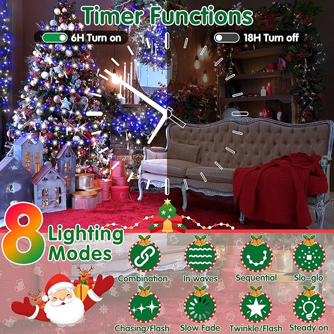 XURISEN 403FT 1000 LED Christmas Lights Outdoor Green Wire String Lights 8 Modes with Timer Memory Waterproof Fairy Light Plug in for Xmas Tree Wedding Yard Party Holiday Decorations(Blue+White)