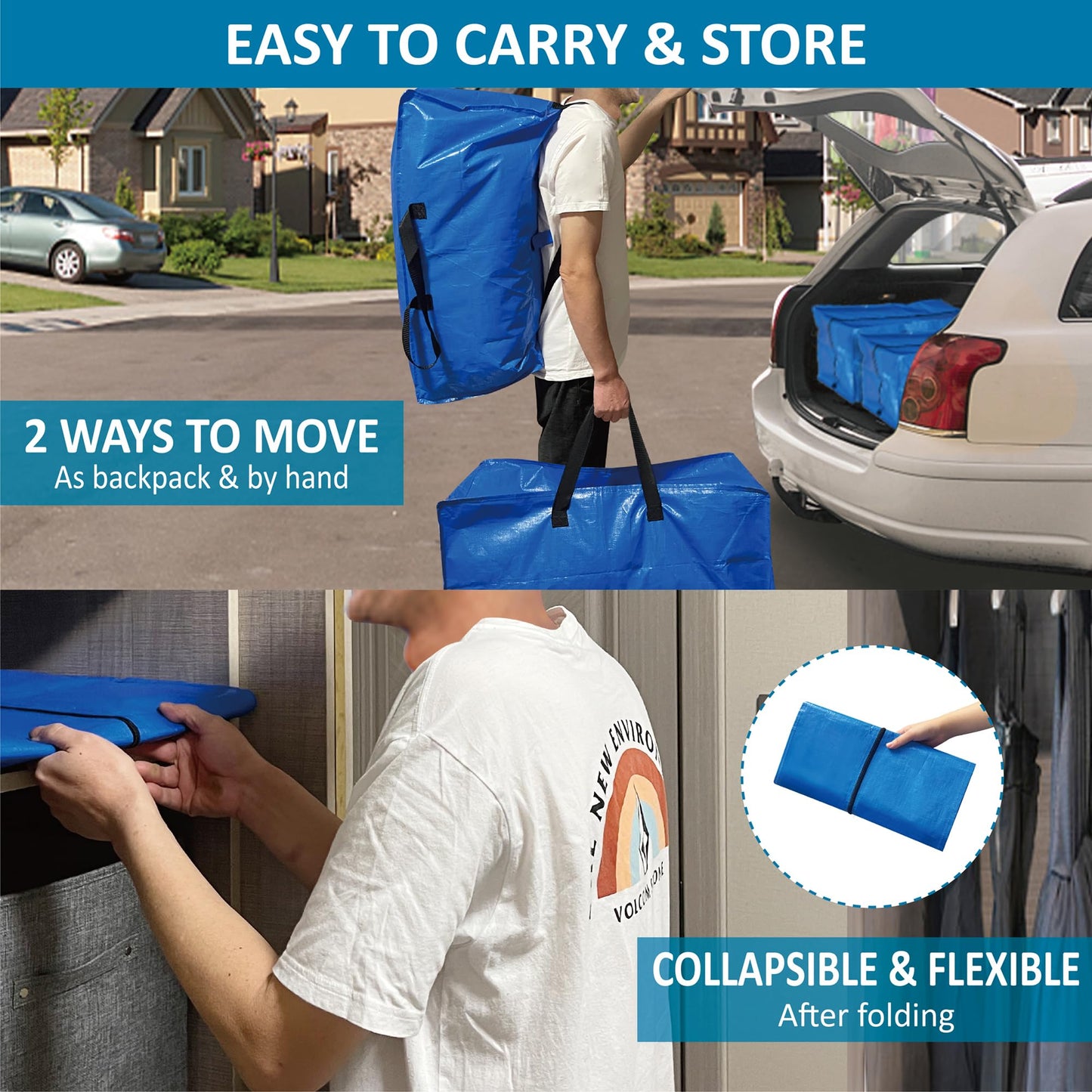 6 Pack Heavy Duty Extra Large Moving Bags with Backpack Straps & Vacuum Storage Bags Moving Supply Combo, Moving Totes with Handles & Zippers for Space Saving, Fold Flat, Includes Vacuum Bags