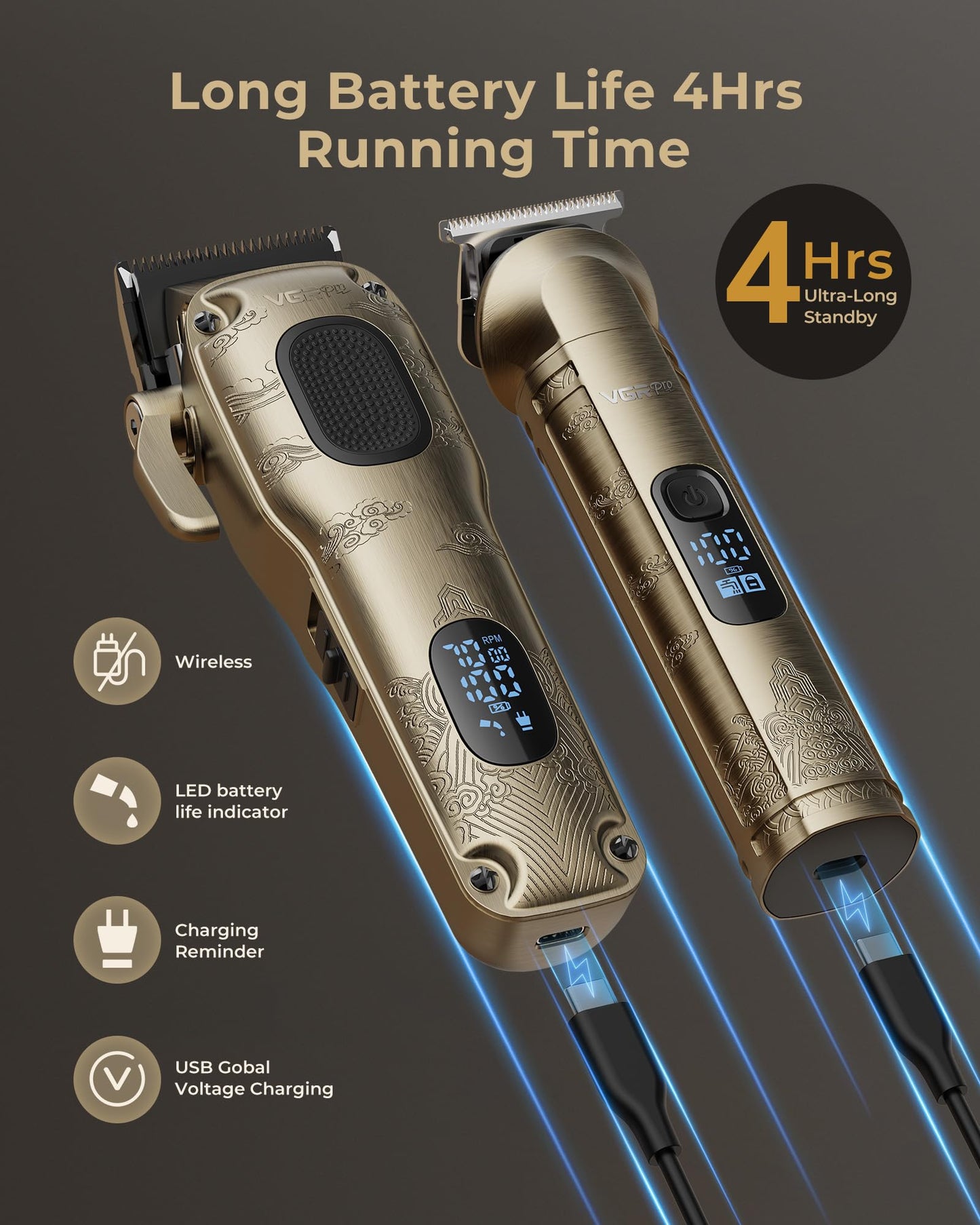 Vgrpro Hair Clippers Men Professional, Mens Clippers and Trimmers Set, USB Rechargeable Cordless Hair Clippers for Hair Cutting, Electric T-Blade Hair Trimmer for Men with Package Box (Gloden)