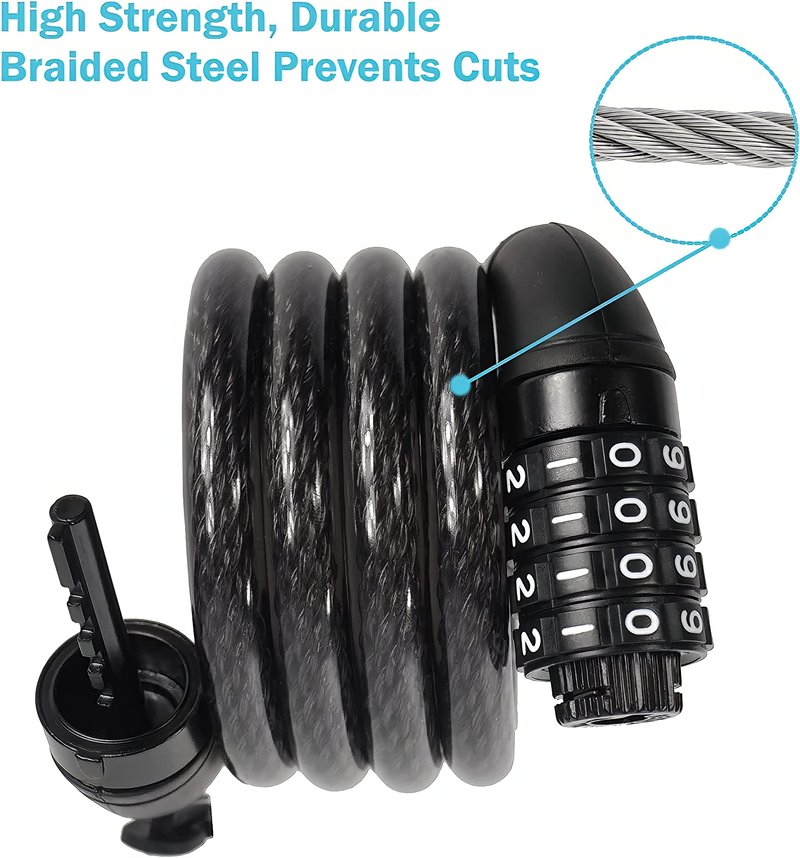 Lumintrail Combination Bike Lock Cable for Bike Accessories - 10ft Bike Locks Heavy Duty Anti Theft with Combinations - Bike Cable Lock Combination with Mounting Bracket (1 Pack, Black)