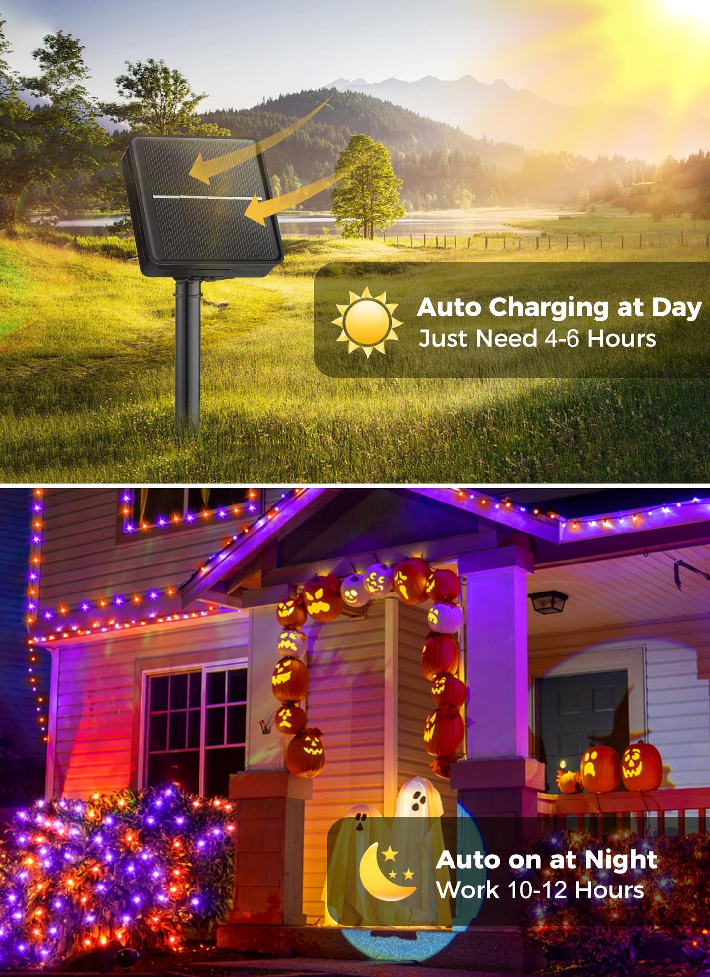 Minetom Solar Halloween Lights Outdoor, 40FT 100 LED Halloween String Lights with 8 Modes, Halloween Decoration Outdoor, Waterproof Solar String Lights for Outside Tree Yard Party, Orange & Purple