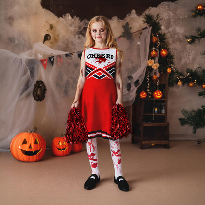Zombie Cheerleader Halloween Costume for Kids Ages 7-9, Zombie Fancy Dress Outfit for Girls with Pom Poms, Tights, Red High School Cheerleader Costume and Fake Blood, Easy Halloween Kids Dress Up Pack