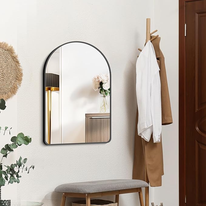FORBATH Arched Bathroom Mirror 20x28 Inch, Bathroom Mirror Wall Mounted Modern Black Aluminum Alloy Frame Decor Dresser Mirror for Bedroom Living Room Entryway, Hanging or Leaning Against Wall
