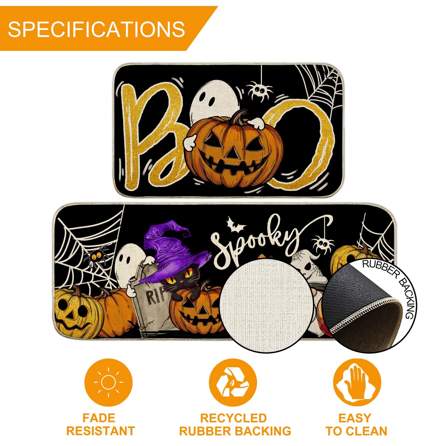 Unibyby Halloween Kitchen Mat Spooky Pumpkins Ghost Halloween Kitchen Mats for Floor, Boo Black Cat Kitchen Rugs and Mats Non Skid Washable Set of 2, Decorative Kitchen Decor 17x29 and 17x47 Inch
