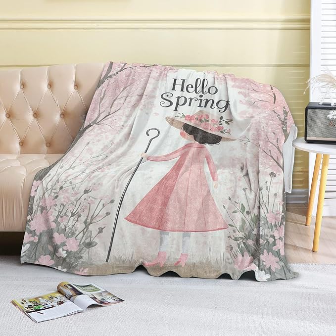 Spring Blossom Fleece Blanket - 60x80in Cute Girl in a Pink Dress Throw Blankets,Soft Cozy Lightweight, Ideal for Bed Living Room Home Whimsical Decor and Kids Women Gifts