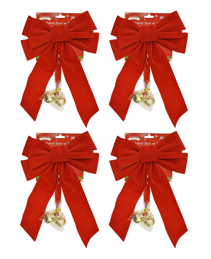 Set of 4 Red Velvet Festive Holiday Christmas Bows With Bells - Perfect as Tree Ornaments - Tree Filler - Decorative Ornaments - Perfect for Preparing for the Holidays! (4, Red Velvet With Bells)