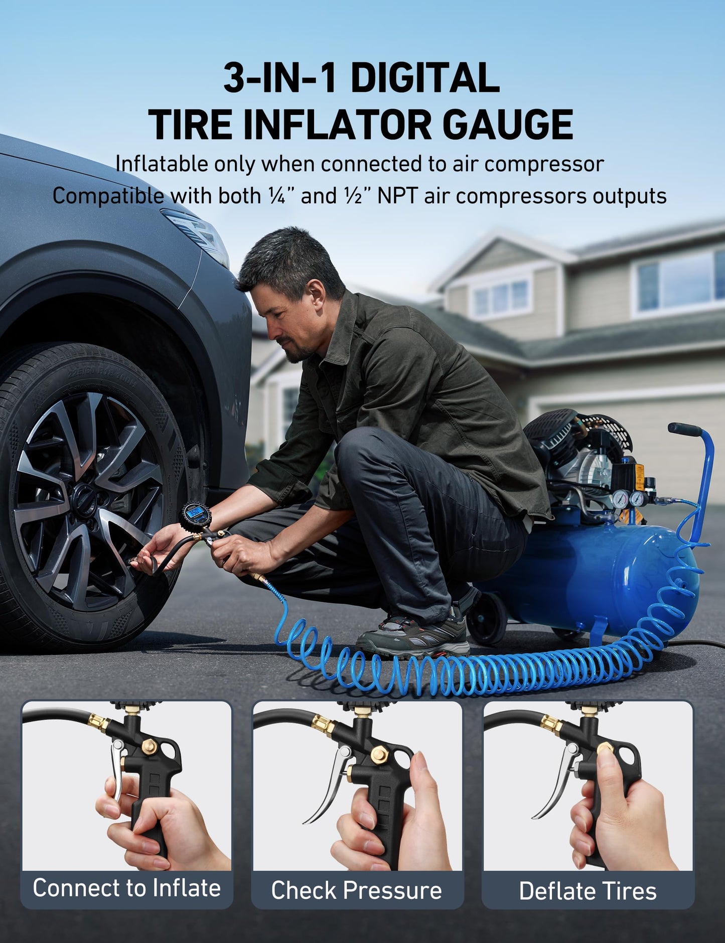 AstroAI Digital Tire Pressure Gauge with Inflator, 3-250 PSI Air Chuck & Compressor Accessories Heavy Duty with Quick Connect Coupler, 0.1 Display Resolution (Standard with Case)