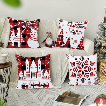 Wilproo Set of 4 Happy Winter Snowflake Merry Christmas Tree Red Castle Deer with Snowman Velvet Throw Pillow Case Cushion Cover Decorative for Sofa Living Room Square 22X22 Inches