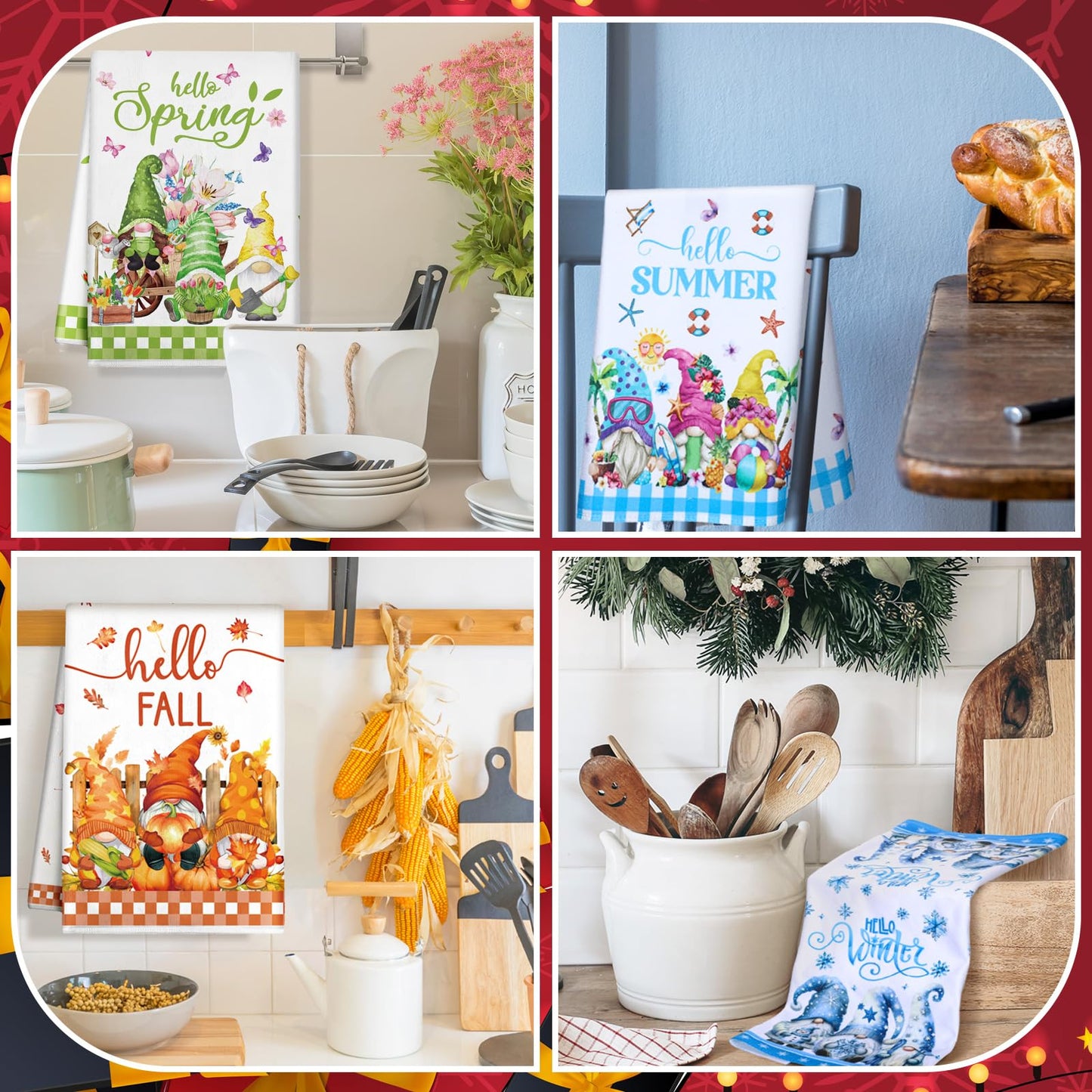 FuWeave 12 Pcs Seasonal Kitchen Towels Set for All Holidays Hand Dish Tea Towels Fall Halloween Christmas Absorbent Dishcloths Housewarming Gift for Cooking Kitchen Bathroom(Gnome Style,Bright Color)