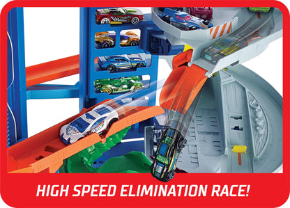 Hot Wheels City Ultimate Garage Playset with Multi-Level Racetrack, 91 cm Tall Moving T-Rex Dinosaur, Parks 100 Cars, Includes 2 Toy Cars, Toys for Ages 5 to 8, One Pack, GJL14