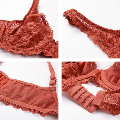 DOBREVA Women's Lace Plunge Bra Sexy Underwire Bralette Plus Size See Through Unlined Bras Pumpkin 32E